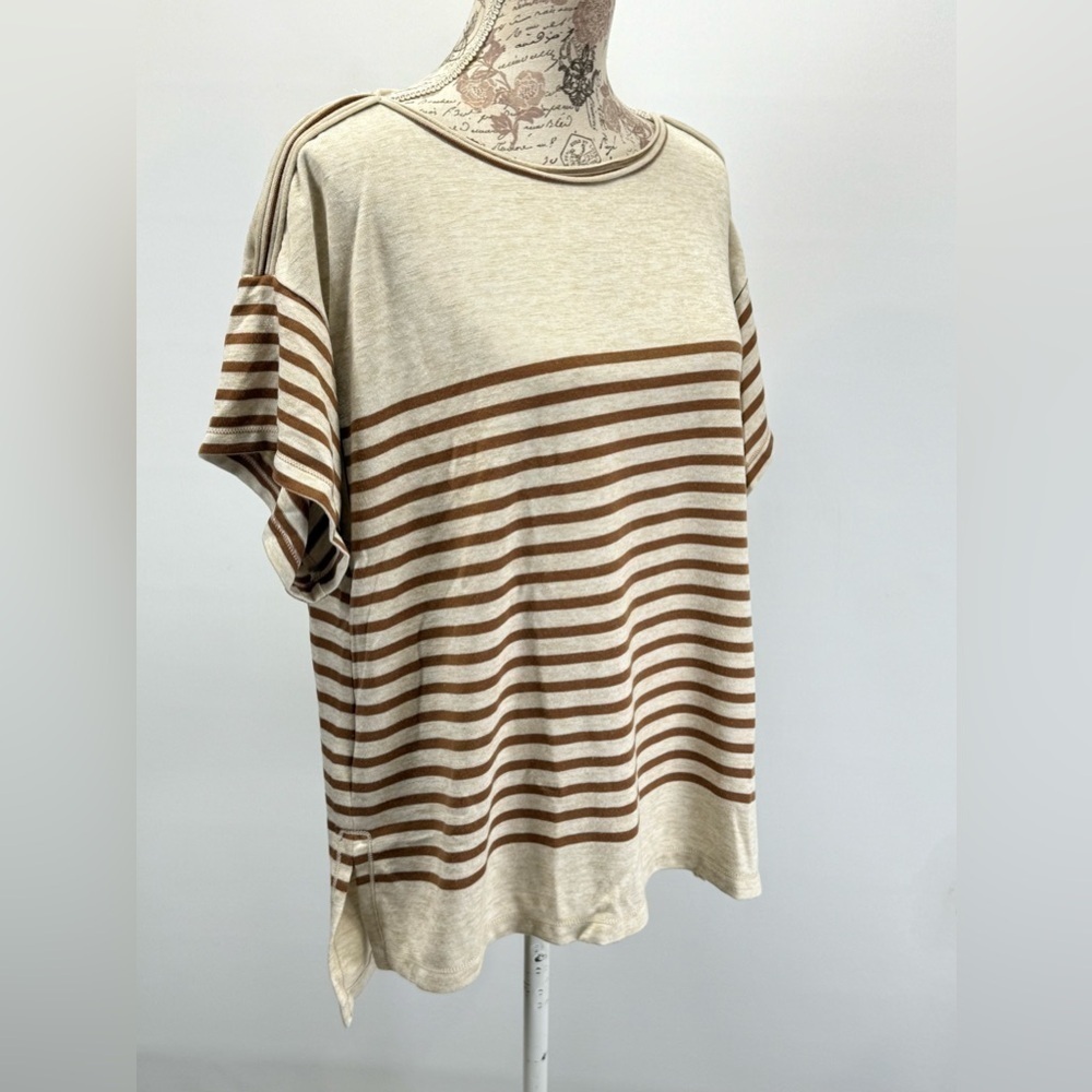MAX STUDIO Beige and tan Striped Short Sleeve Top size L - Picture 9 of 15
